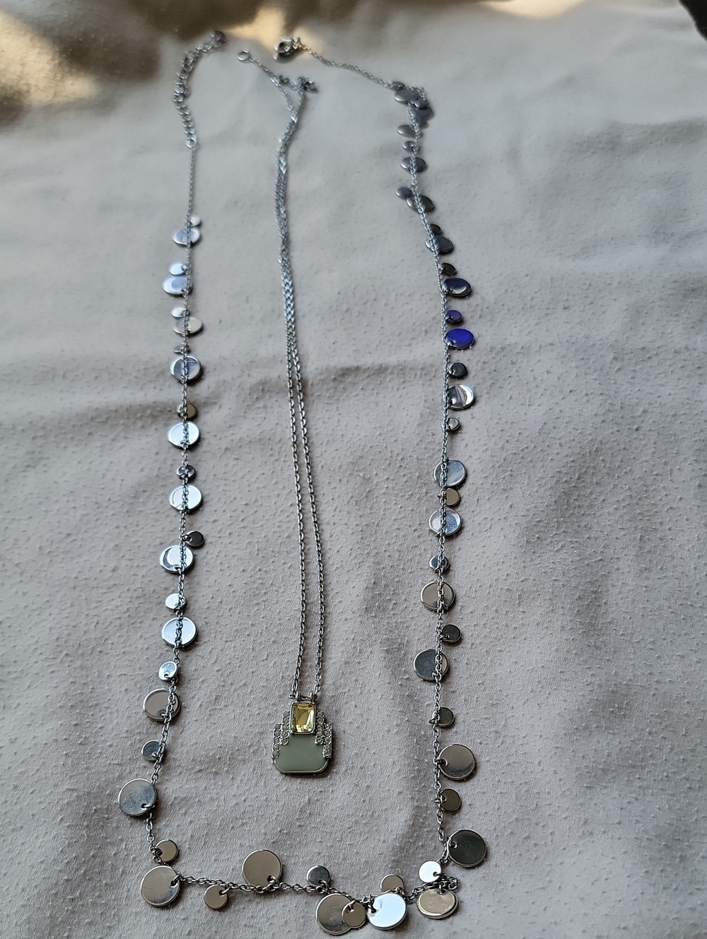 Lia Sophia Silver Layered Disc Necklace with Pale Green Pendant